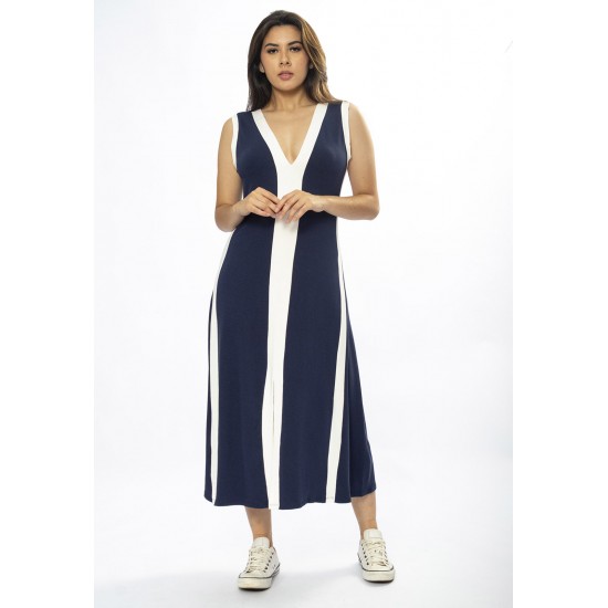 Vestido Midi Fenda Frontal Color Block Azul Marinho