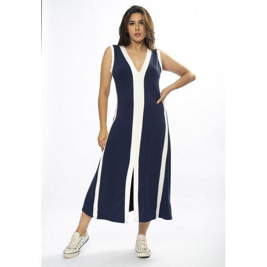 Vestido Midi Fenda Frontal Color Block Azul Marinho