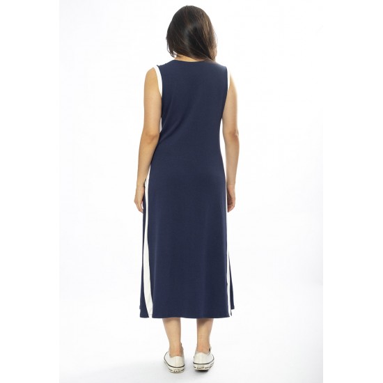 Vestido Midi Fenda Frontal Color Block Azul Marinho