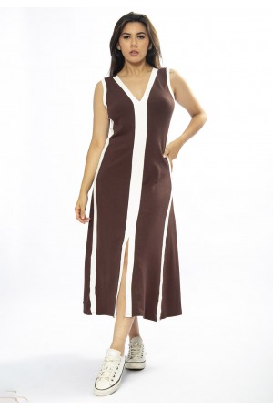 Vestido Midi Fenda Frontal Color Block Marrom