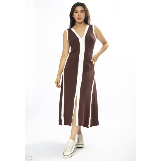 Vestido Midi Fenda Frontal Color Block Marrom