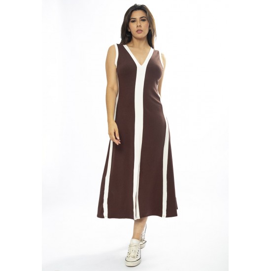 Vestido Midi Fenda Frontal Color Block Marrom