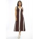 Vestido Midi Fenda Frontal Color Block Marrom