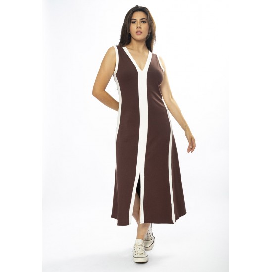 Vestido Midi Fenda Frontal Color Block Marrom
