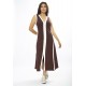 Vestido Midi Fenda Frontal Color Block Marrom