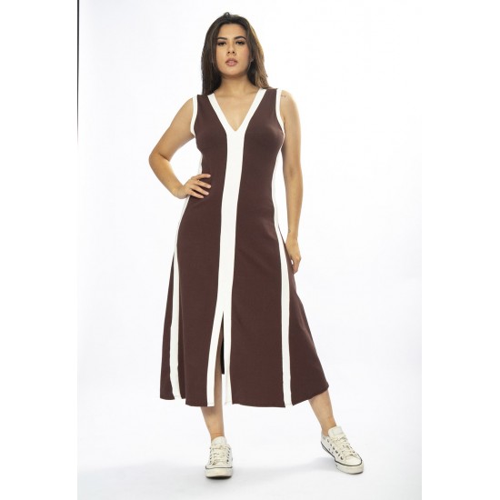 Vestido Midi Fenda Frontal Color Block Marrom