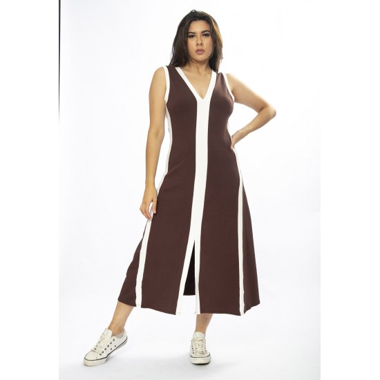 Vestido Midi Fenda Frontal Color Block Marrom
