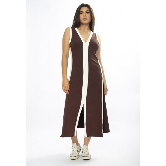 Vestido Midi Fenda Frontal Color Block Marrom