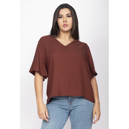 Blusa Gola V Manga Ampla Curta Marrom Café