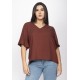 Blusa Gola V Manga Ampla Curta Marrom Café