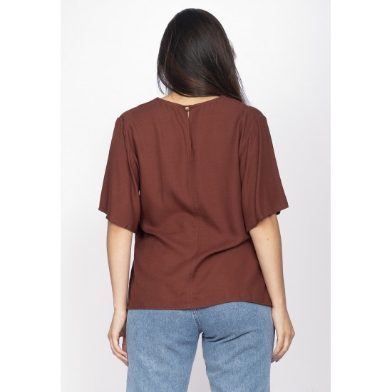 Blusa Gola V Manga Ampla Curta Marrom Café