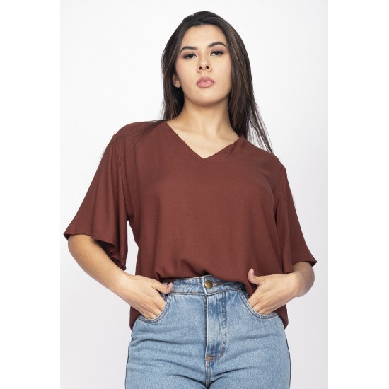 Blusa Gola V Manga Ampla Curta Marrom Café