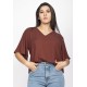 Blusa Gola V Manga Ampla Curta Marrom Café