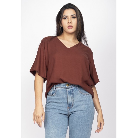 Blusa Gola V Manga Ampla Curta Marrom Café