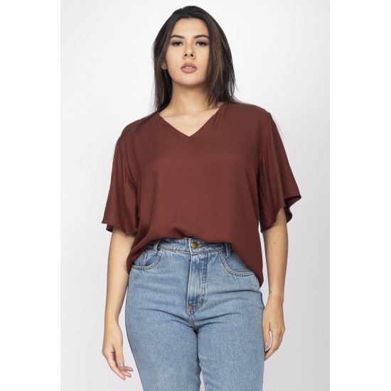 Blusa Gola V Manga Ampla Curta Marrom Café