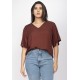 Blusa Gola V Manga Ampla Curta Marrom Café