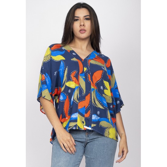 Blusa Gola V Manga Curta Estampa Maré Vibrante