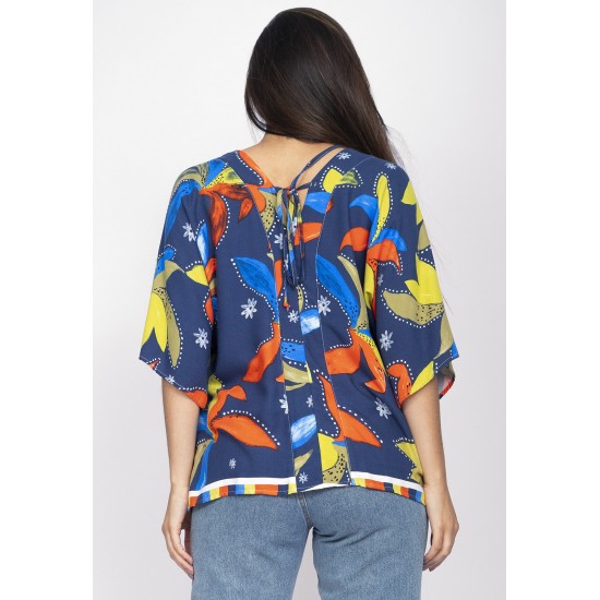 Blusa Gola V Manga Curta Estampa Maré Vibrante