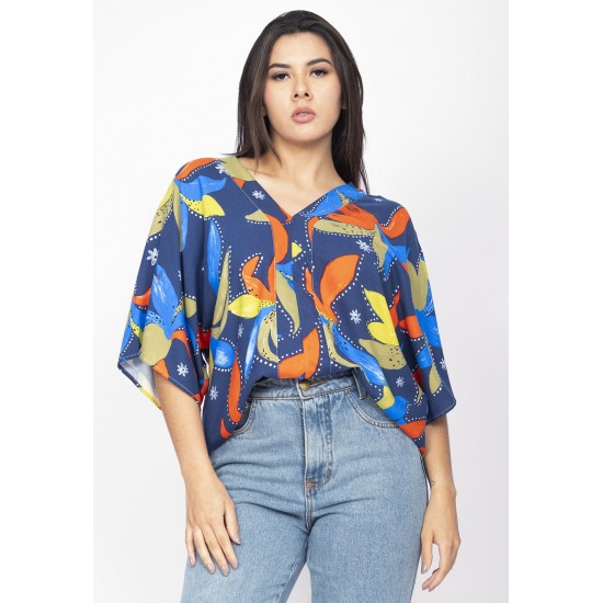 Blusa Gola V Manga Curta Estampa Maré Vibrante