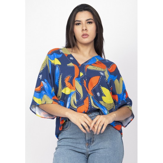 Blusa Gola V Manga Curta Estampa Maré Vibrante