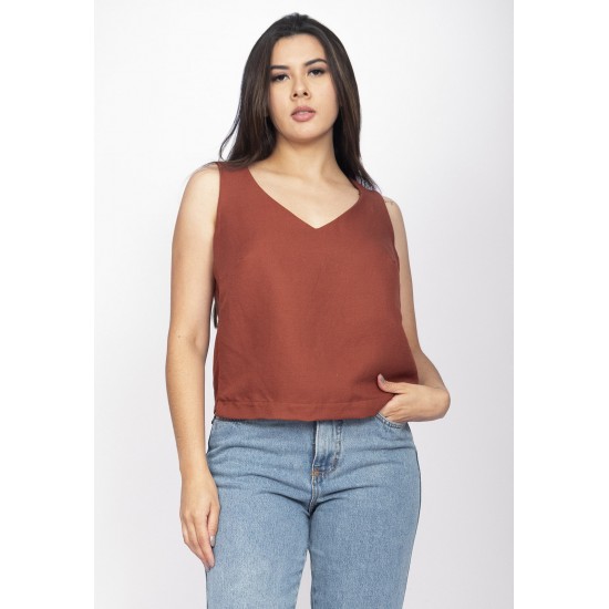 Blusa Regata Viscose Gola V Marrom Choco