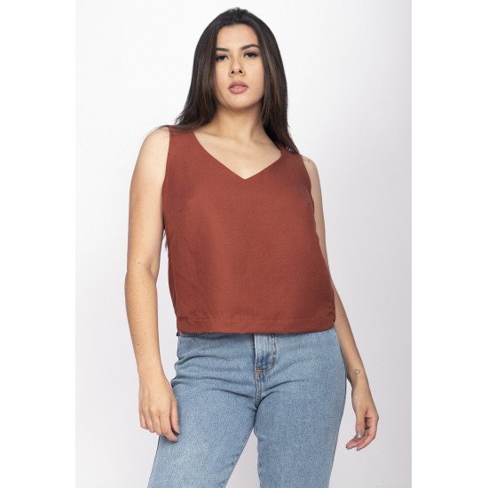 Blusa Regata Viscose Gola V Marrom Choco