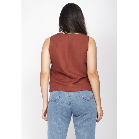 Blusa Regata Viscose Gola V Marrom Choco
