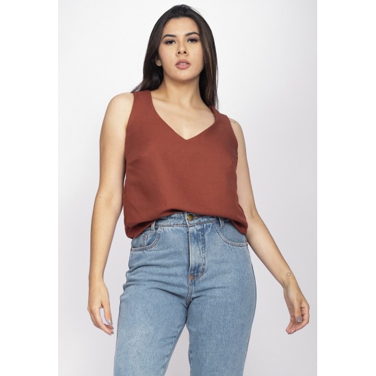Blusa Regata Viscose Gola V Marrom Choco