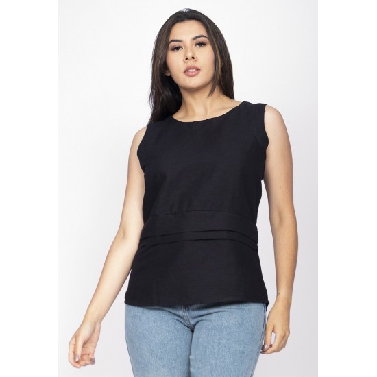 Blusa Regata Viscose com Linho Babado na Cintura Raffa Preta