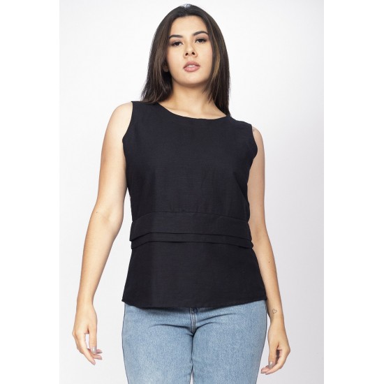 Blusa Regata Viscose com Linho Babado na Cintura Raffa Preta