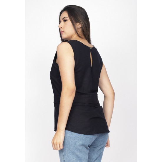 Blusa Regata Viscose com Linho Babado na Cintura Raffa Preta