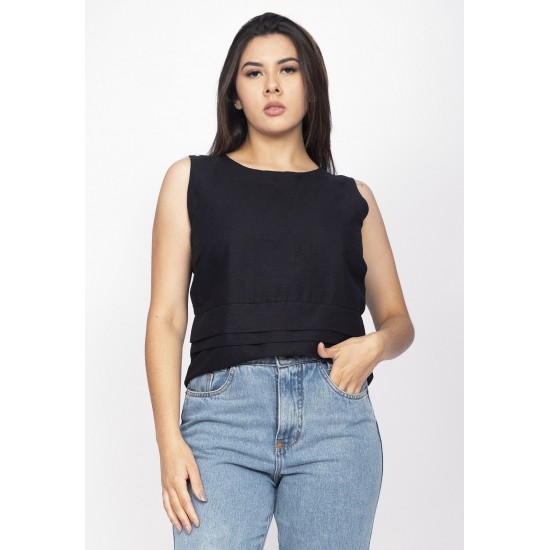 Blusa Regata Viscose com Linho Babado na Cintura Raffa Preta