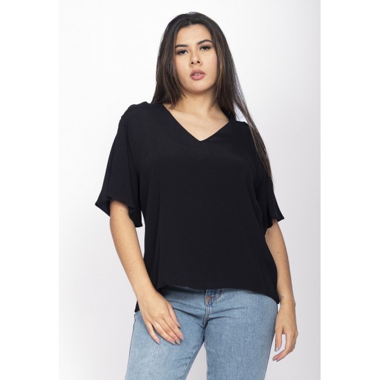 Blusa Gola V Manga Ampla Curta Preta