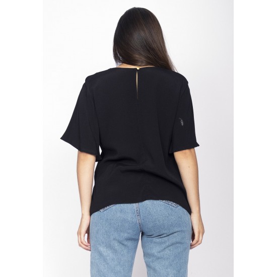 Blusa Gola V Manga Ampla Curta Preta