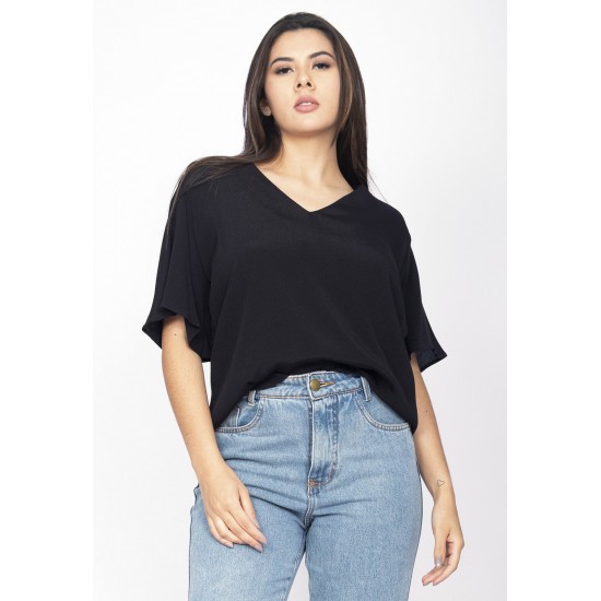 Blusa Gola V Manga Ampla Curta Preta