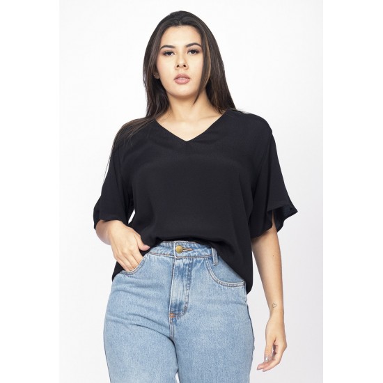 Blusa Gola V Manga Ampla Curta Preta