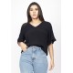 Blusa Gola V Manga Ampla Curta Preta