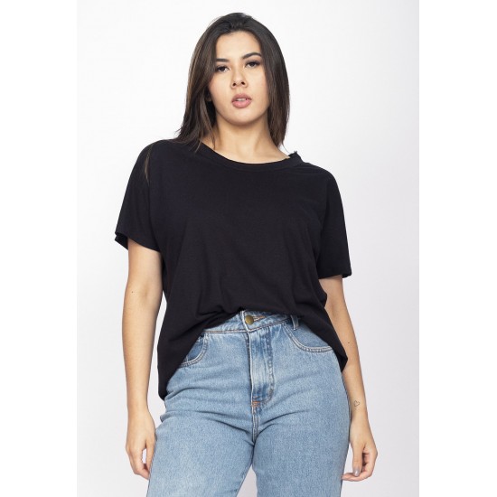 T-Shirt Ampla Malha de Cânhamo Manga Curta Preta