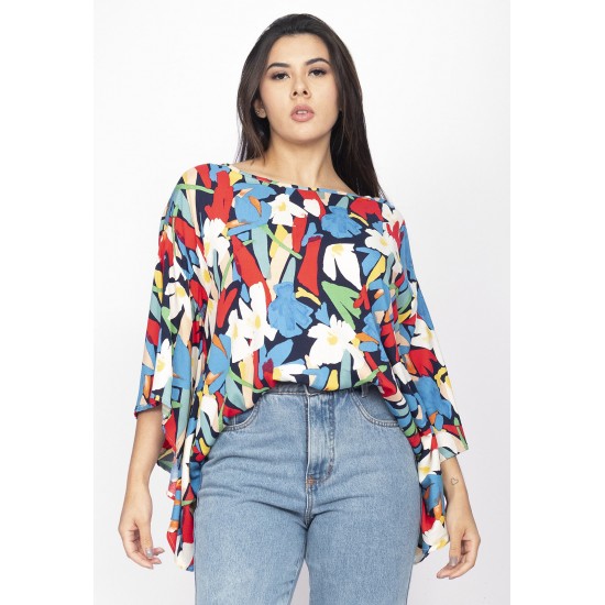 Blusa Poncho Baguari Amplo Estampa Floresce
