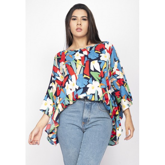 Blusa Poncho Baguari Amplo Estampa Floresce