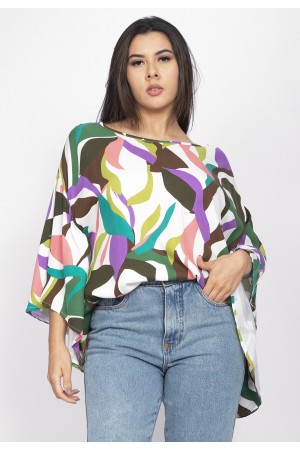 Blusa Poncho Baguari Amplo Estampa Encanto Botânico