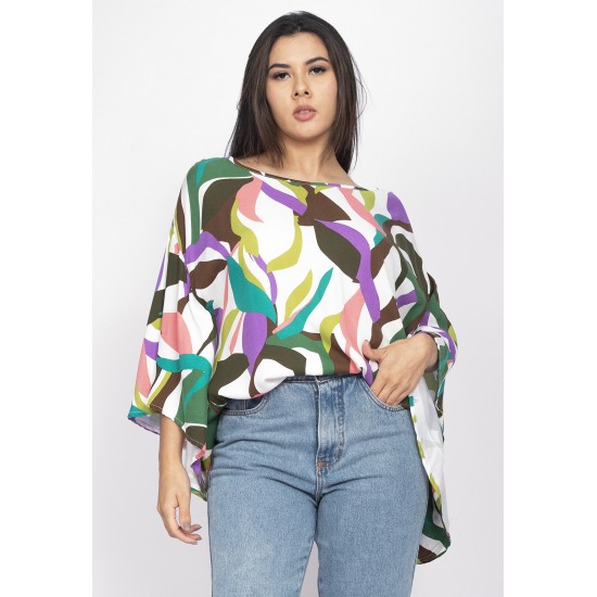 Blusa Poncho Baguari Amplo Estampa Encanto Botânico