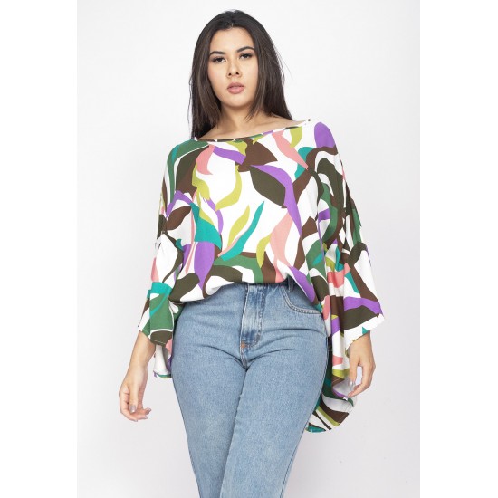 Blusa Poncho Baguari Amplo Estampa Encanto Botânico