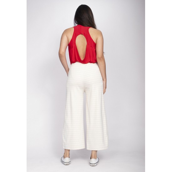 Calça Pantacourt Malha Encorpada Risca de Giz Off White