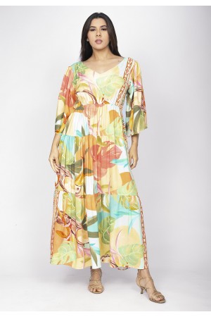 Vestido Longo Plano com Manga e Camadas Estampa Samba das Cores