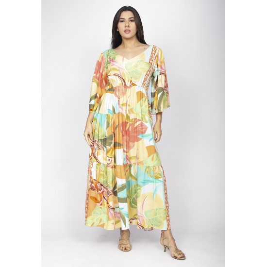 Vestido Longo Plano com Manga e Camadas Estampa Samba das Cores