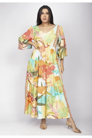Vestido Longo Plano com Manga e Camadas Estampa Samba das Cores