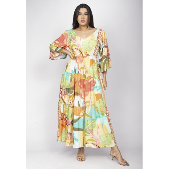 Vestido Longo Plano com Manga e Camadas Estampa Samba das Cores