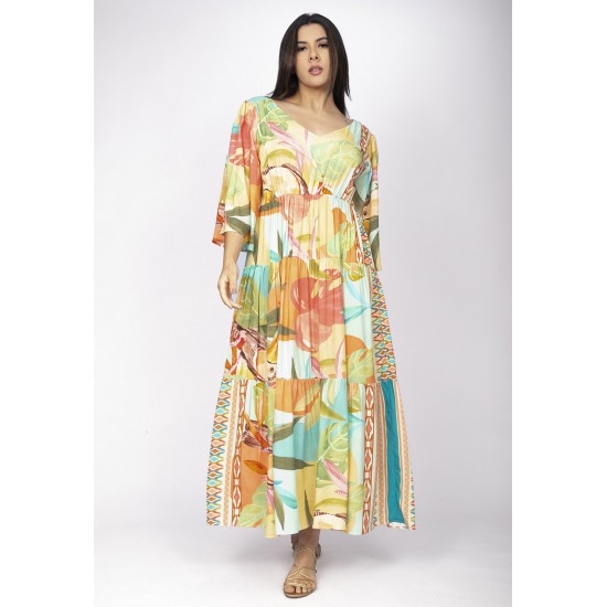 Vestido Longo Plano com Manga e Camadas Estampa Samba das Cores