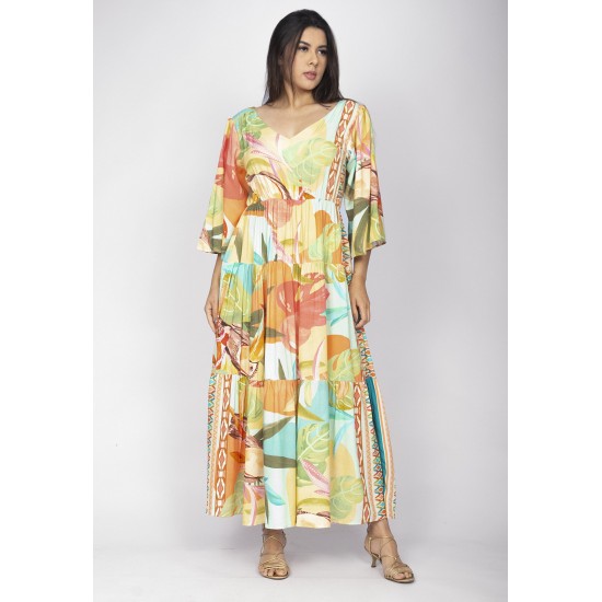 Vestido Longo Plano com Manga e Camadas Estampa Samba das Cores